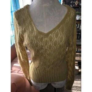 Worthington Mustard Gold Metallic Pointelle Open Knit Sweater V-Neck -...